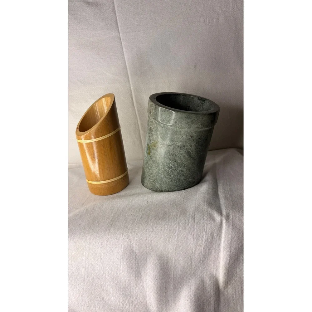 Bamboo Slanted Brush Holder and Green Stone Marble Cylinder Desk Organizer Set